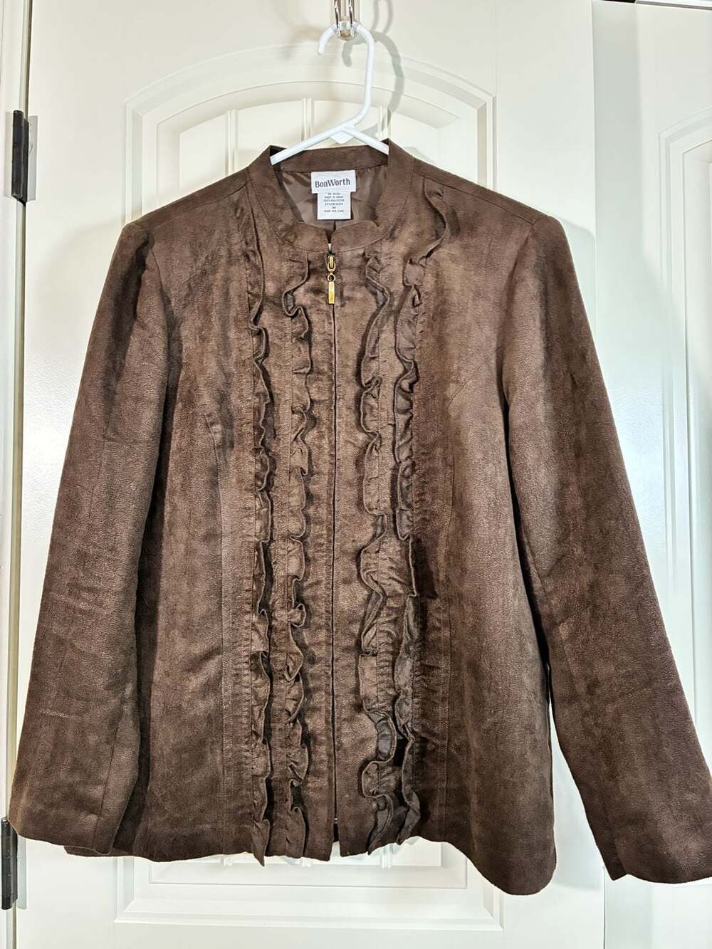 BonWorth Brown Faux Suede Zip Front Ruffle Jacket Size M
